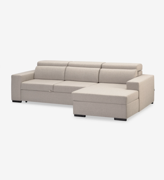 Évora 2-seater sofa bed and chaise, upholstered in beige fabric, reclining headrests, extendable seats and storage in the chaise, 272 cm.