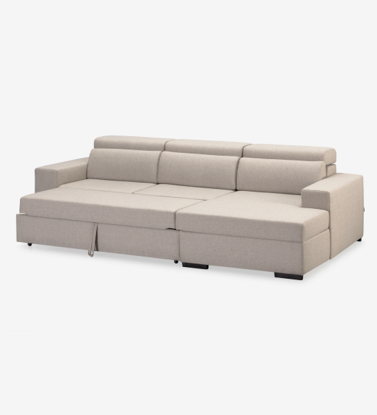 Évora 2-seater sofa bed and chaise, upholstered in beige fabric, reclining headrests, extendable seats and storage in the chaise, 272 cm.