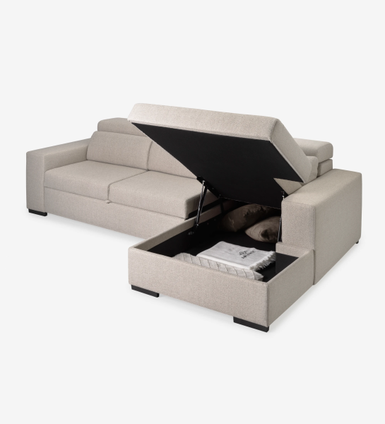 Évora 2-seater sofa bed and chaise, upholstered in beige fabric, reclining headrests, extendable seats and storage in the chaise, 272 cm.