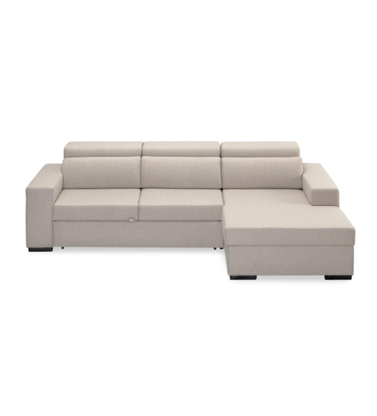 Évora 2-seater sofa bed and chaise, upholstered in toffee fabric, reclining headrests and storage in the chaise, 292 cm.