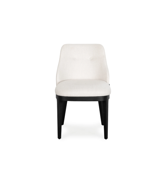 Chair upholstered in fabric, with black lacquered wooden feet.