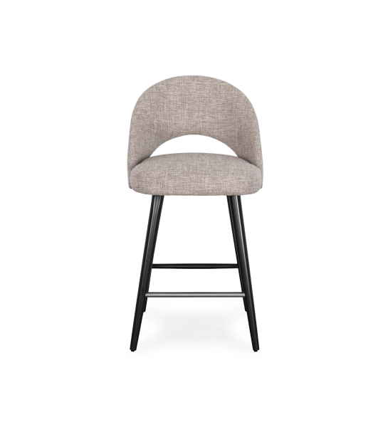 Tabouret rembourrés en tissu, avec pieds laqués en negro et repose-pieds en acier inoxydable.