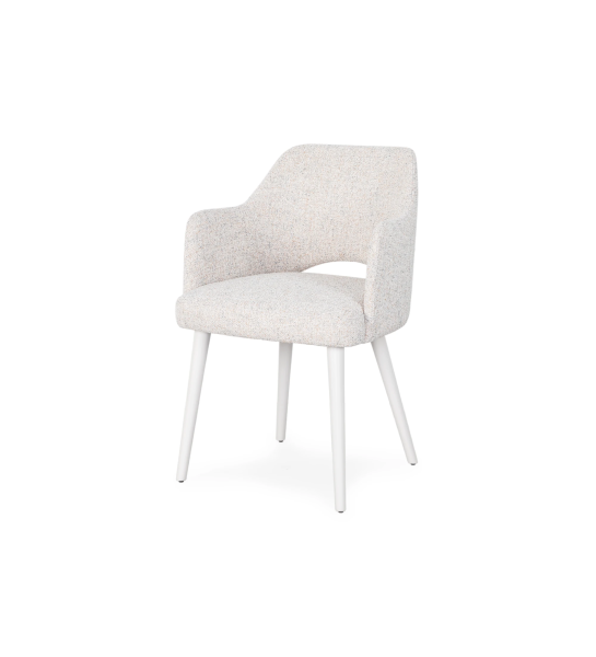 Chair with armrests upholstered in pearl fabric and pearl lacquered foot.