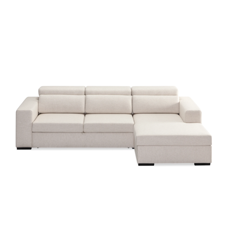 Sofá cama 2 plazas y chaise longue Évora, tapizado en tela beige, reposacabezas reclinables, almacenaje en la chaise longue, 292 cm.