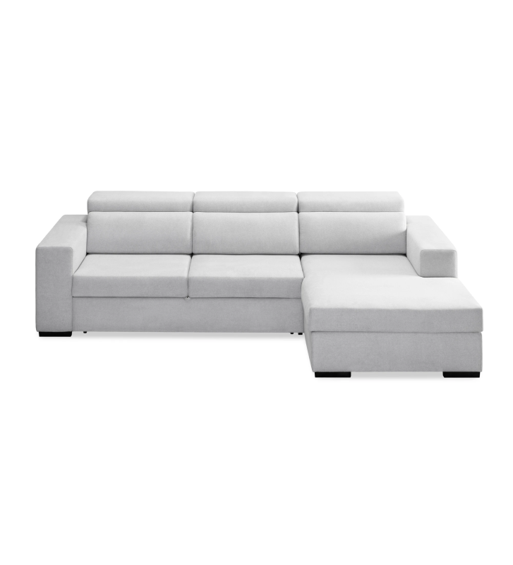 Sofá cama 2 plazas y chaise longue Évora, tapizado en tela gris, reposacabezas reclinables, almacenaje en la chaise longue, 292 cm.