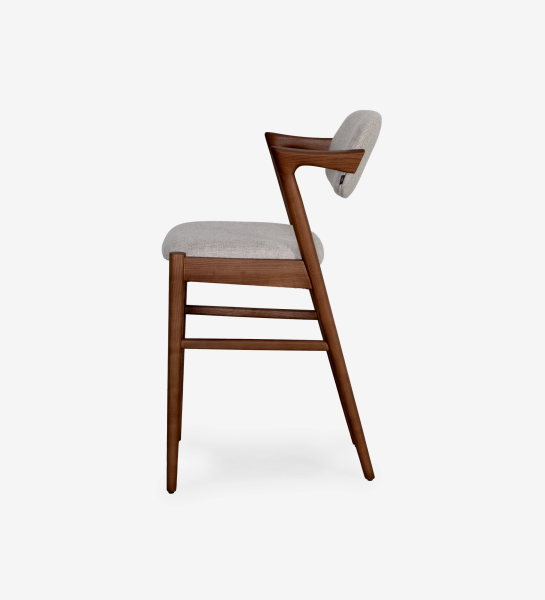 Stool in walnut-colored ash wood, with seat and back upholstered in gray fabric.