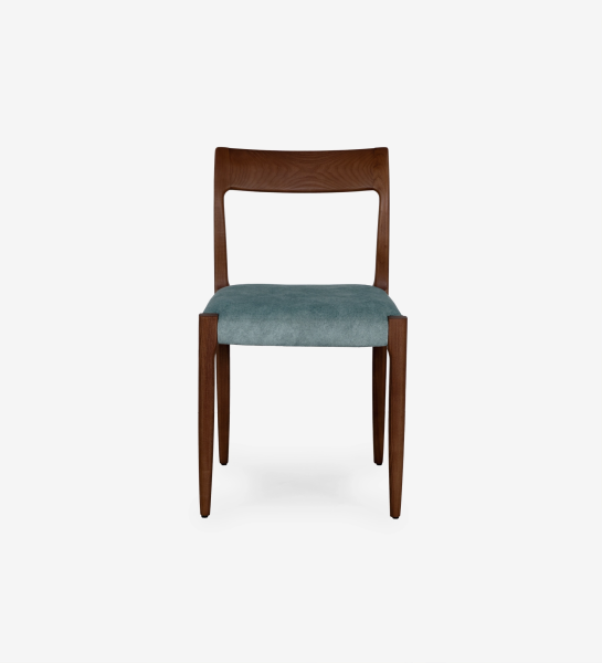 Walnut colored wooden chair with seat upholstered in blue fabric.