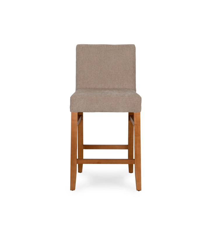 Banc tapissé de tissu taupe, avec pieds laqués noir.