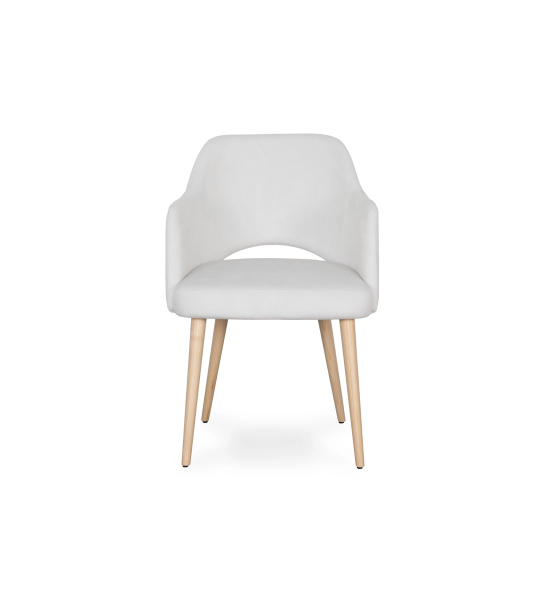 Chair with arms upholstered in pearl fabric, with natural colored wooden legs.