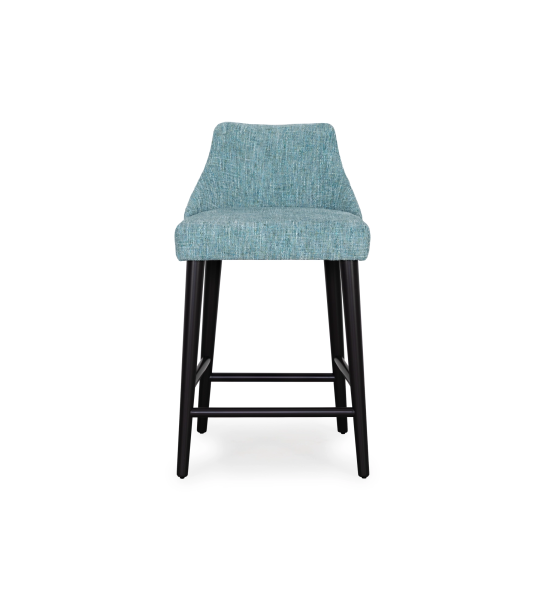 Tabouret haut Oslo recouvert de tissu bleu, pieds laqués noirs.