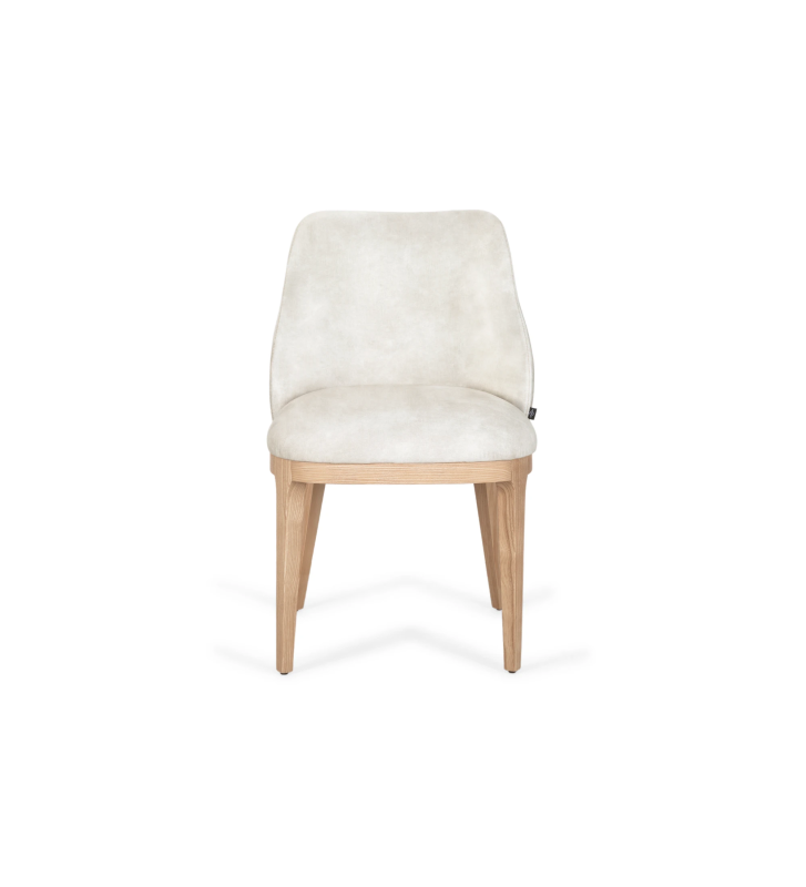 Silla tapizada en tejido, con pies en madera.