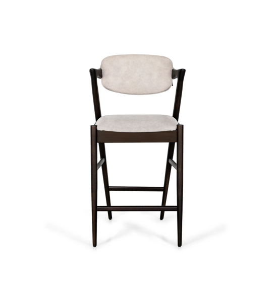 Stool in walnut-colored ash wood, with seat and back upholstered in gray fabric.