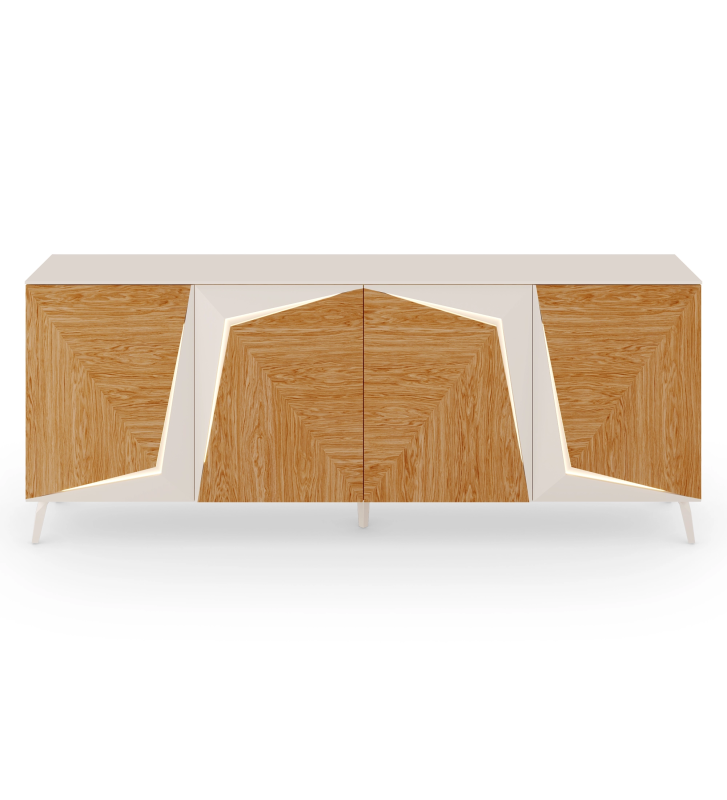 Buffet avec éclairage, 4 portes en chêne miel avec détails et plateau en nacre, avec structure en chêne miel et pied en métal laqué nacre.