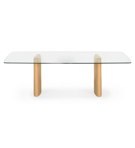 Mesa de comedor Paris rectangular 180 x 100 cm, tapa de cristal, pies en roble natural.