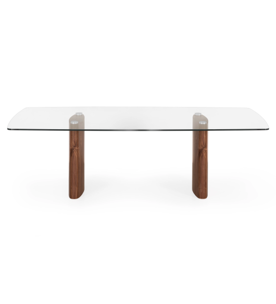 Mesa de comedor Paris rectangular 180 x 100 cm, tapa de cristal, pies en nogal natural.