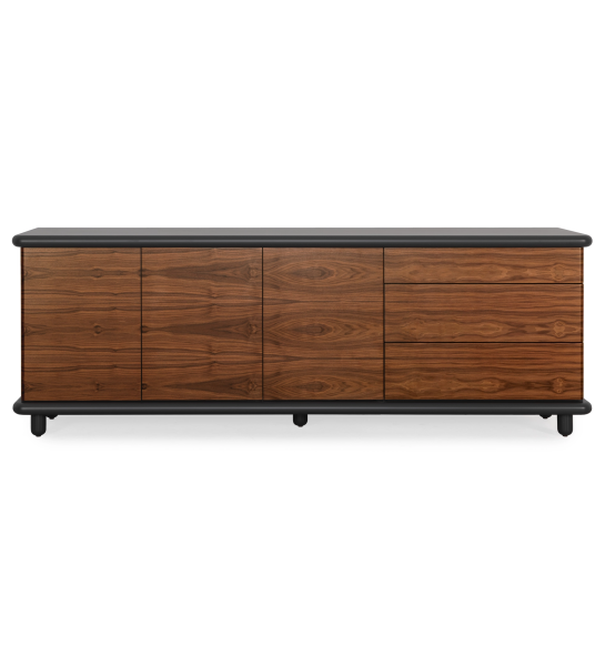 Buffet 3 portes, 3 tiroirs en noyer naturel, structure noire.
