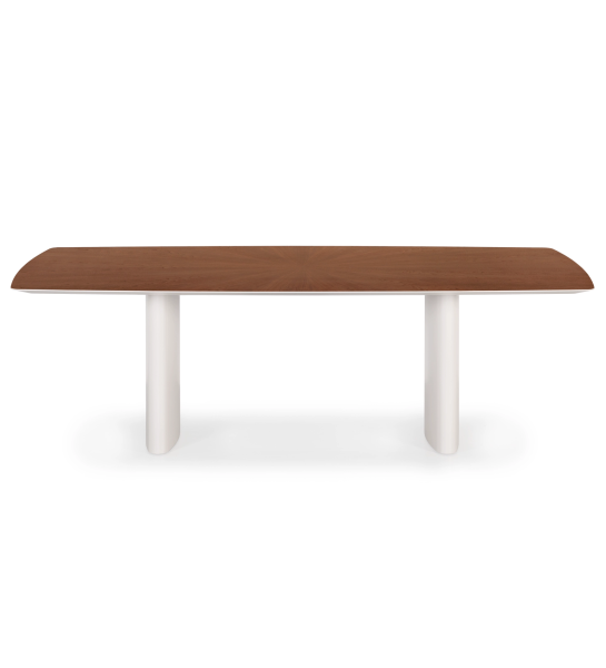 Mesa de comedor Paris rectangular 180 x 100 cm, tapa nogal natural y pies lacados perla.