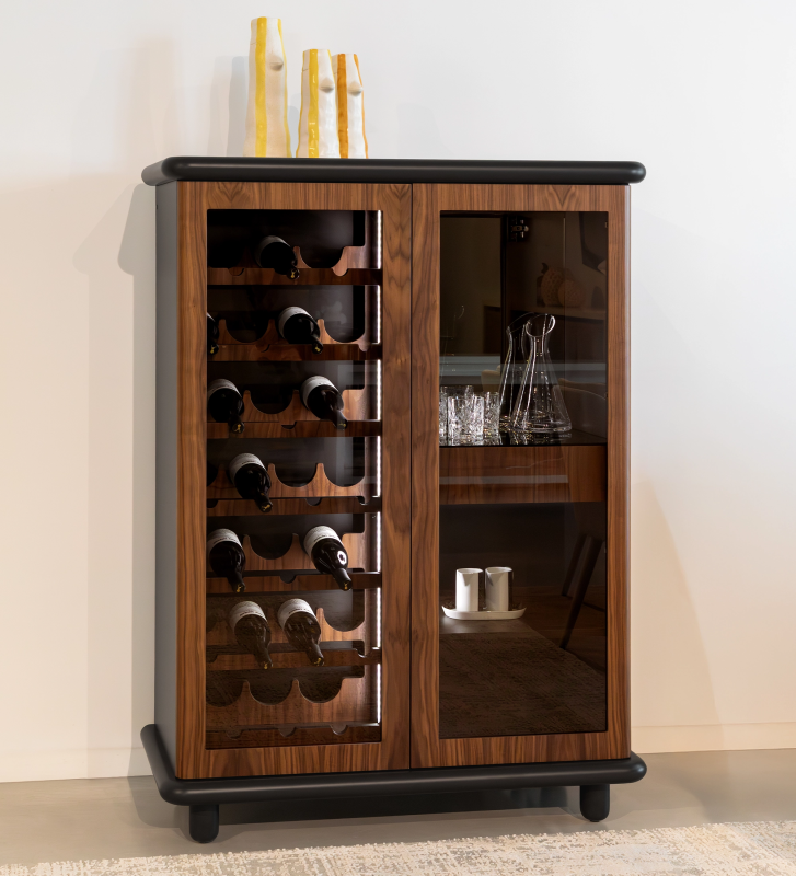 Wine cellar cabinet with lighting and sensor in natural walnut, black structure.