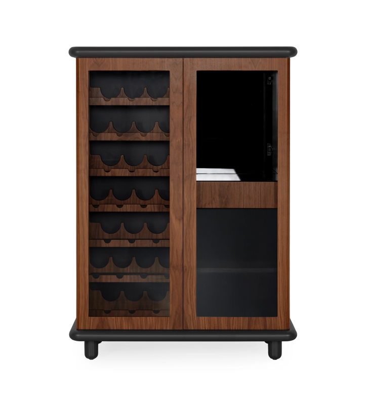 Wine cellar cabinet with lighting and sensor in natural walnut, black structure.