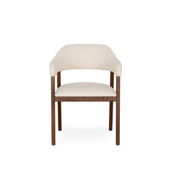 Chair with arms, in walnut-colored ash wood, with seat and back upholstered in beige fabric.
