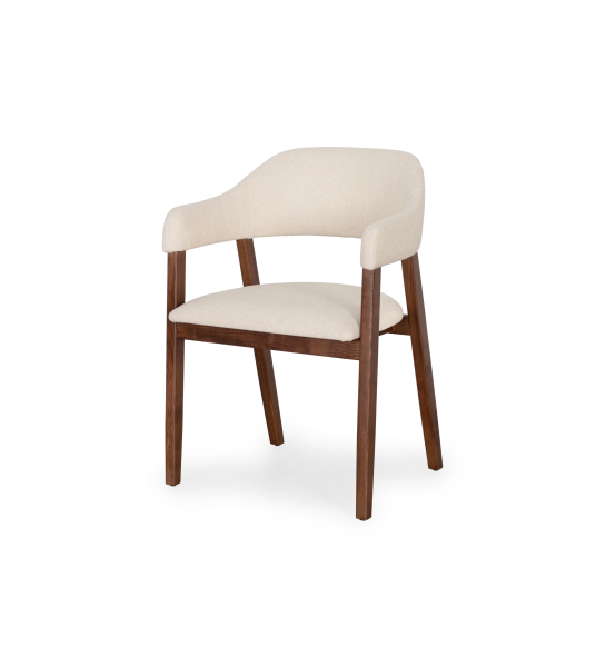 Chair with arms, in walnut-colored ash wood, with seat and back upholstered in beige fabric.