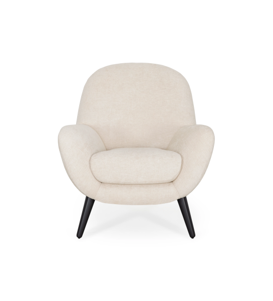 Oslo armchair upholstered in beige fabric, dark brown lacquered feet.