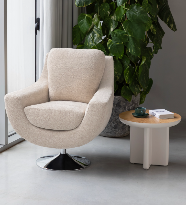 Paris swivel armchair, upholstered in beige fabric, metal base.