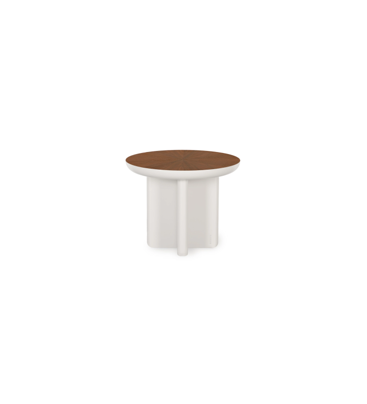 Table basse Monaco en laque perle avec plateau en placage de noyer naturel, Ø 55 cm.