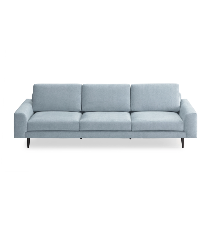 Canapé Oslo 3 places recouvert en tissu bleu, pieds laqués marron foncé, 265 cm.