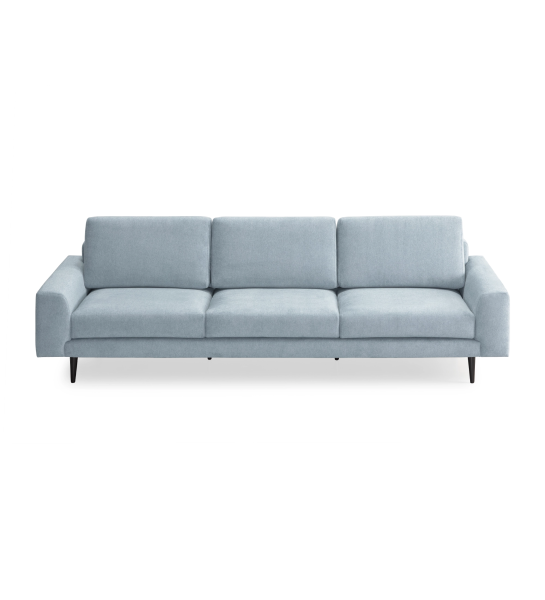 Canapé Oslo 3 places recouvert en tissu bleu, pieds laqués marron foncé, 265 cm.