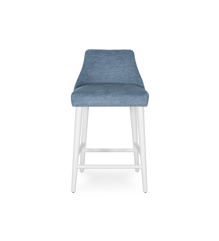 Taburete Oslo tapizado en tela azul, pies lacados perla.