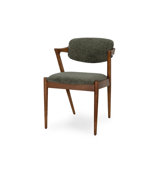 Chaise en bois de frêne couleur noyer, avec assise et dossier rembourrés en tissu vert.