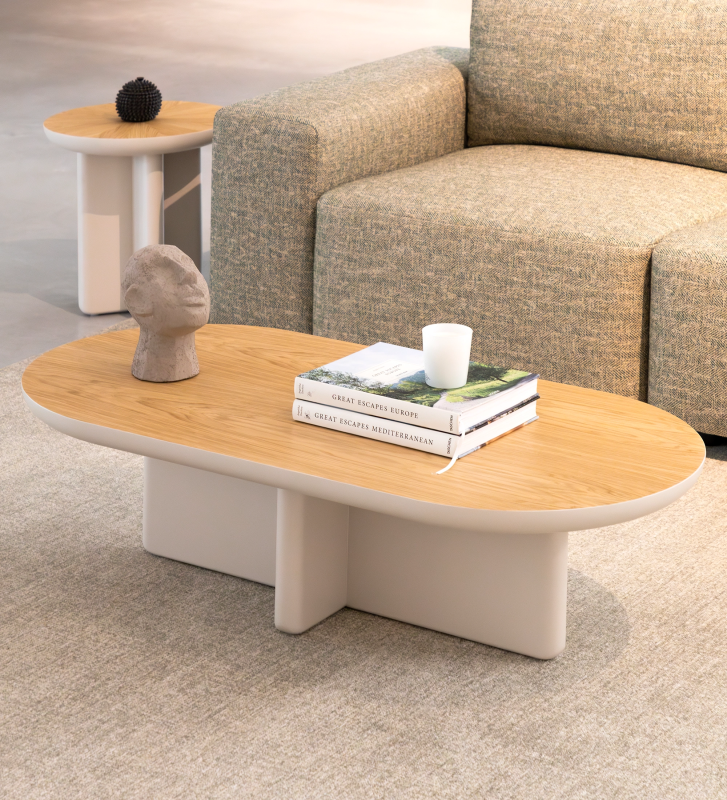 Mónaco rectangular center table, natural oak top, pearl lacquered foot, 120 x 60 cm.