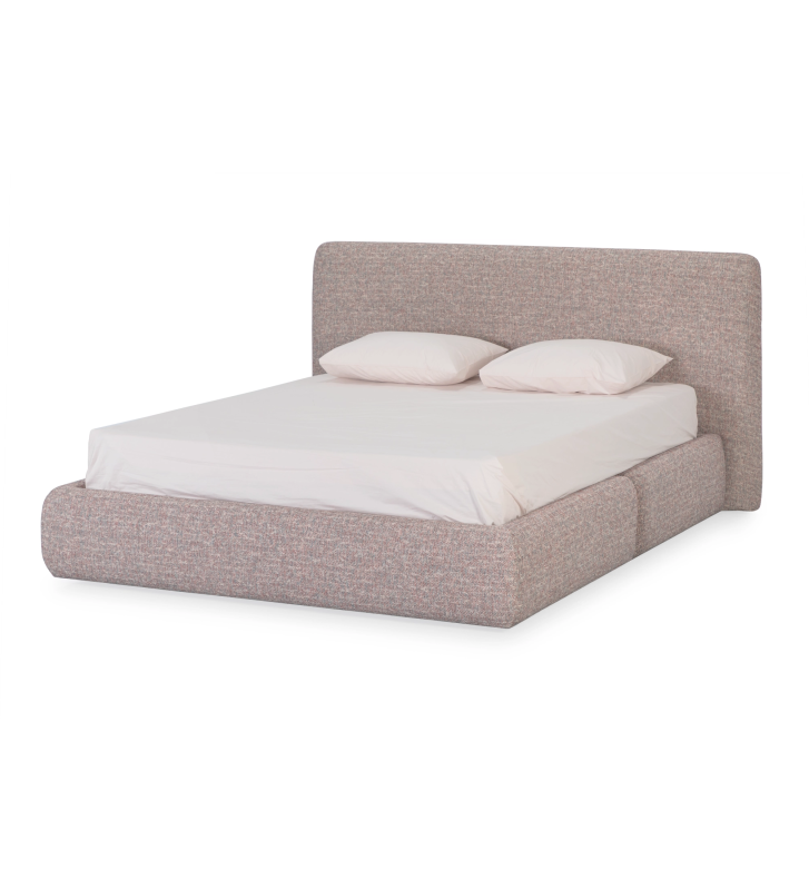 Lit double avec tête de lit courte, tapissée de tissu multicolore, principalement rouge et bleu