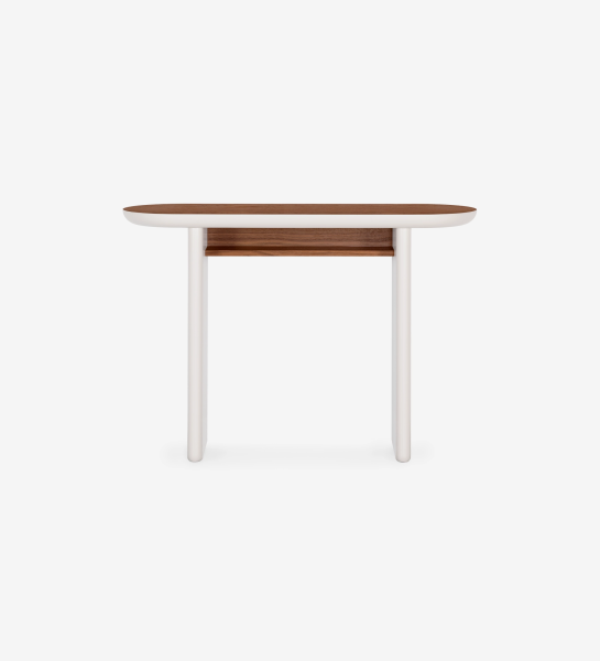 Paris console with top and shelf in natural-colored walnut and pearl lacquered legs.