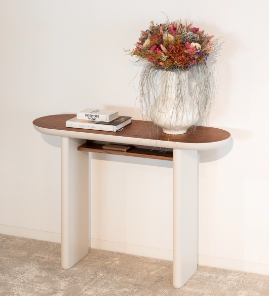 Paris console with top and shelf in natural-colored walnut and pearl lacquered legs.