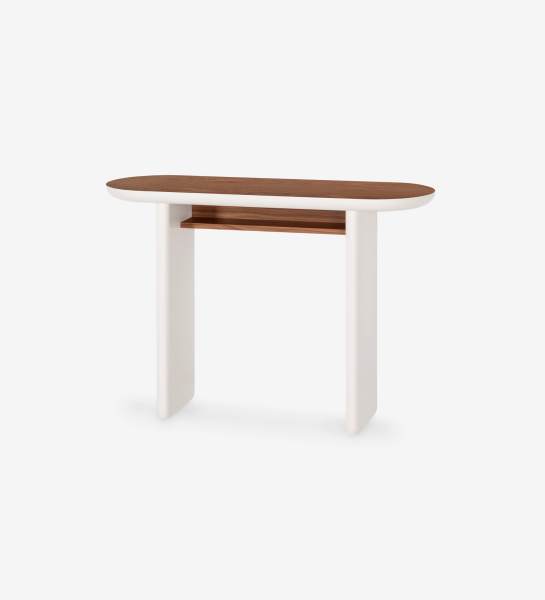 Paris console with top and shelf in natural-colored walnut and pearl lacquered legs.