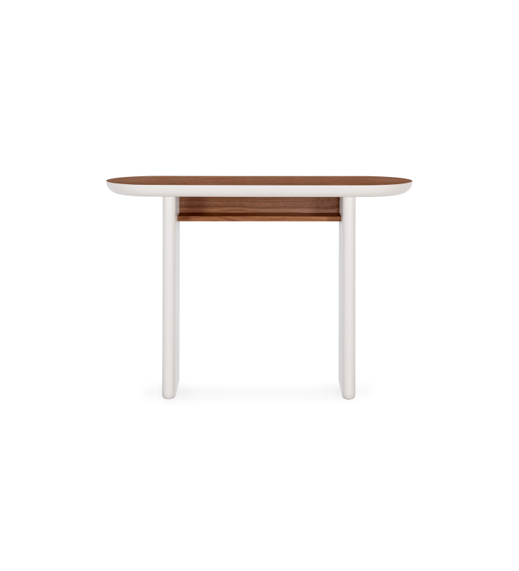 Console Paris avec plateau et étagère en noyer couleur naturel et pieds laqués perle.