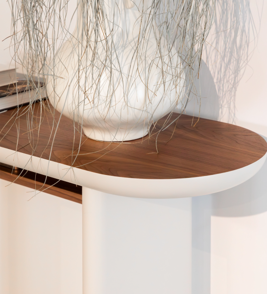 Paris console with top and shelf in natural-colored walnut and pearl lacquered legs.