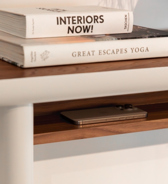 Paris console with top and shelf in natural-colored walnut and pearl lacquered legs.