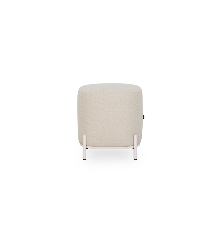 Puff Cannes cuadrado, tapizado en tela beige, pies en metal lacado perla, 38 x 38 cm.