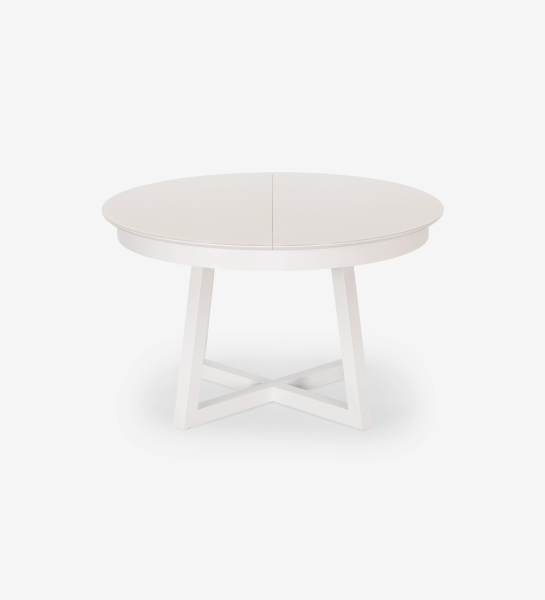 Mesa de comedor redonda extensible en lacado perla con tapa de cristal y extensión en lacado perla.
