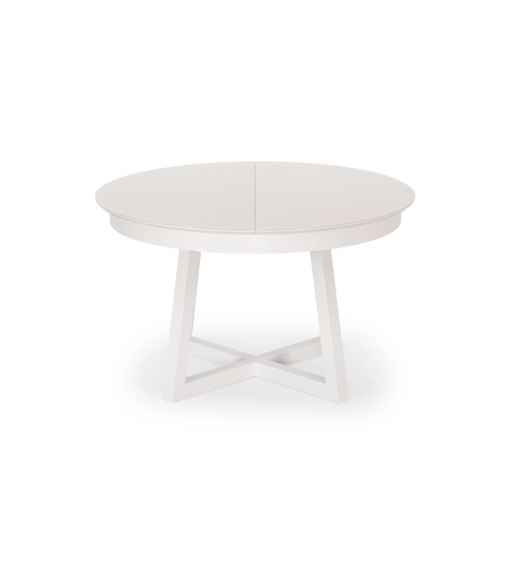 Round extendable dining table in pearl lacquer with glass top and pearl lacquer extension.