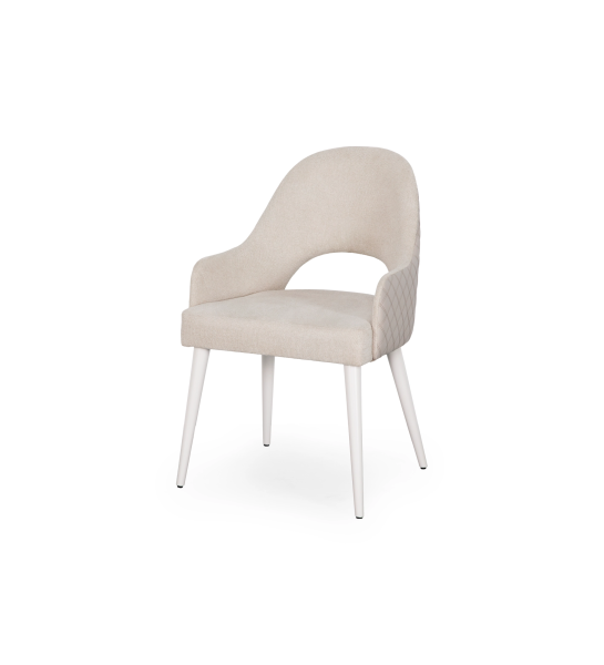 Chair with armrest upholstered in beige fabric, with pearl lacquer legs.