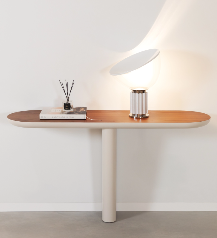 Console avec plateau en noyer naturel et pied laqué perle