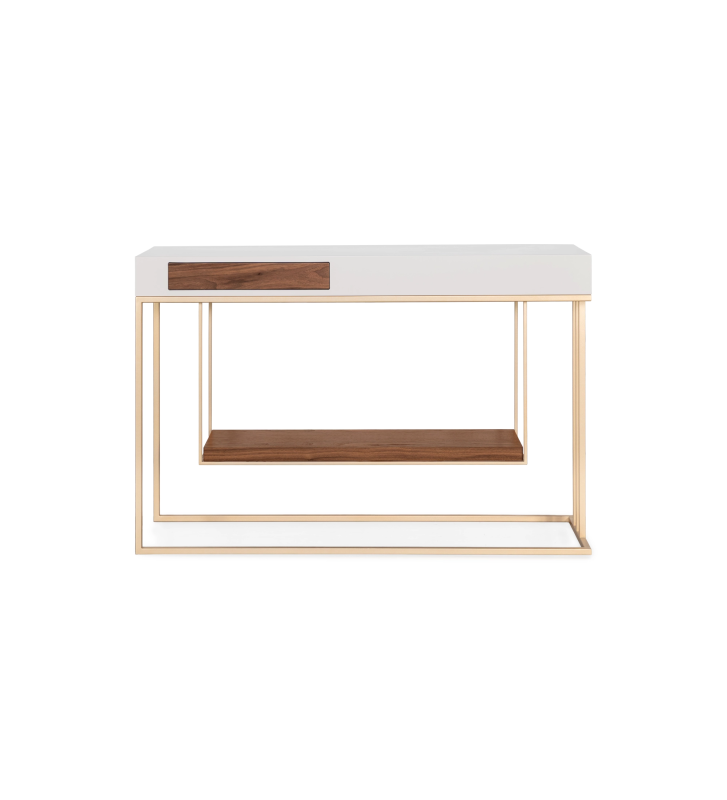 Consola con 1 cajón y estante en nogal natural, estructura lacada perla y base de metal dorado.