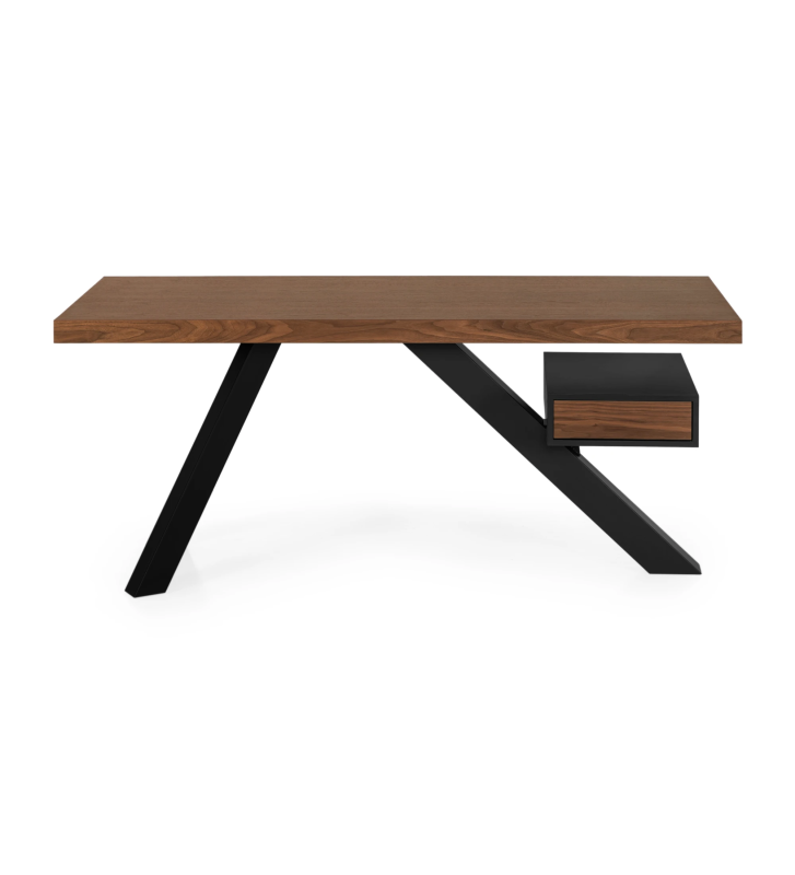 Desk with natural walnut wood top, black lacquered drawer module and metalic feet.