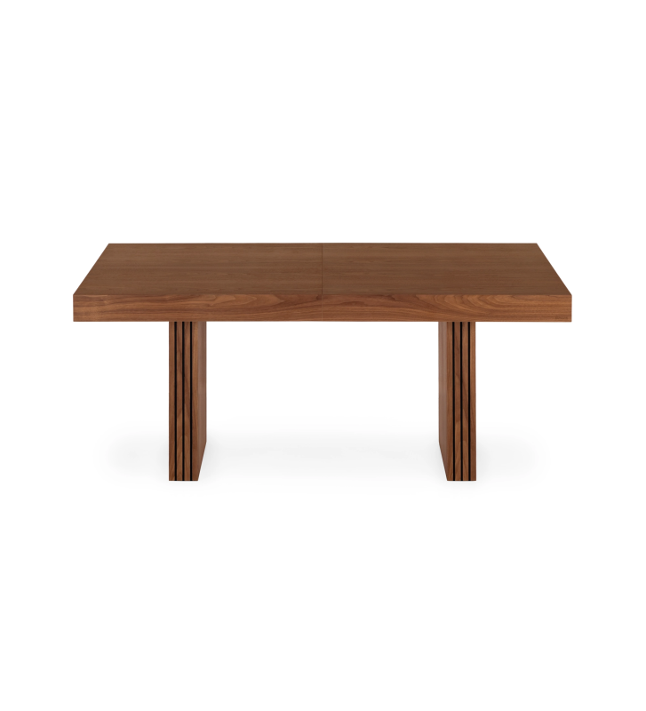 Mesa de jantar extensível retangular em nogueira natural, pés com frisos. 