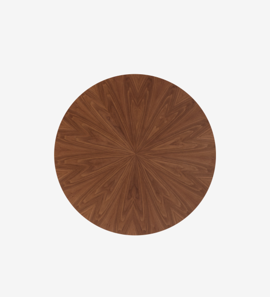 Mesa de jantar Geneve redonda Ø 130 cm, tampo espinhado e pé em nogueira natural, pormenor do tampo lacado a negro.