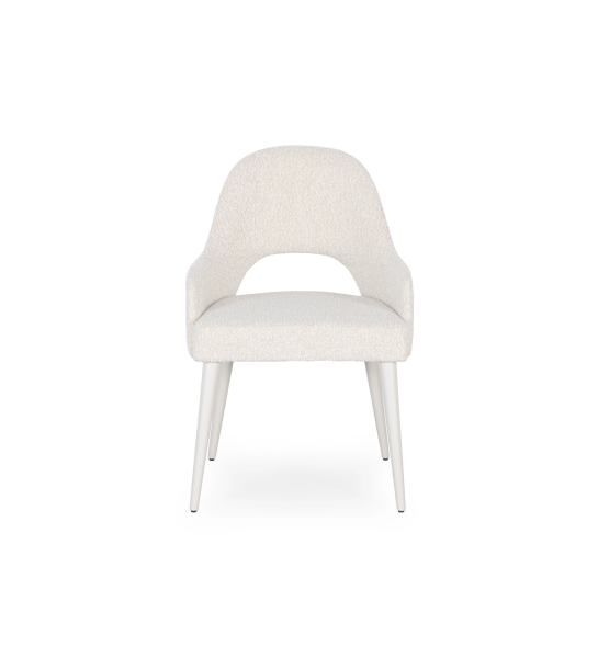 Chair with armrest upholstered in pearl fabric, with pearl lacquer legs.